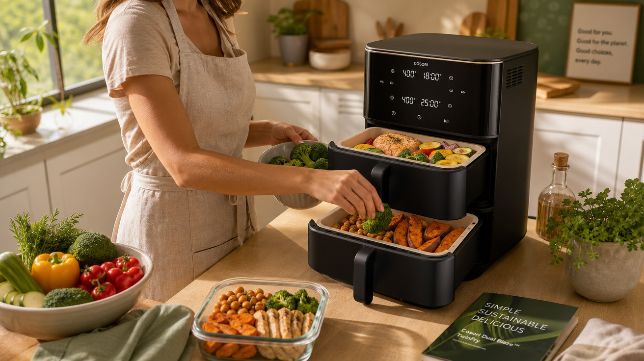Mulher usando fritadeira elétrica dupla para preparar legumes e frango na cozinha iluminada.