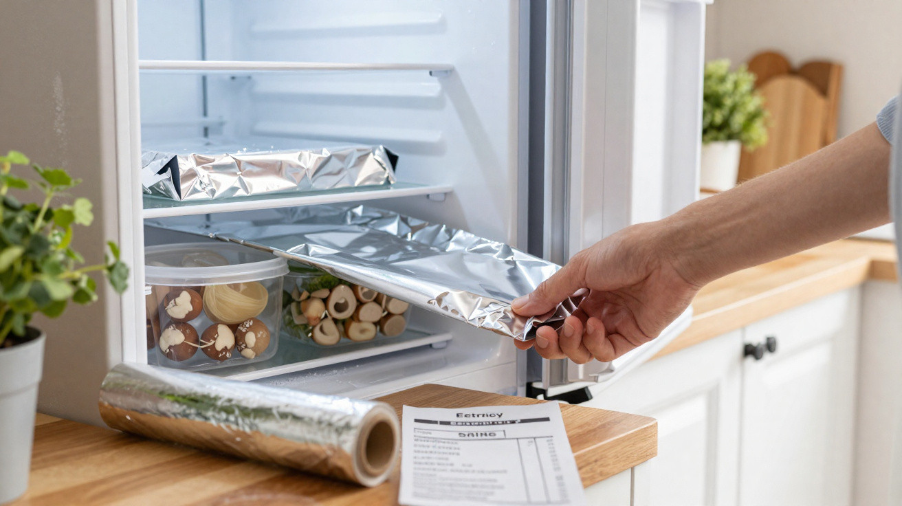 Mão colocando alimento coberto com papel alumínio dentro do freezer aberto em cozinha iluminada.