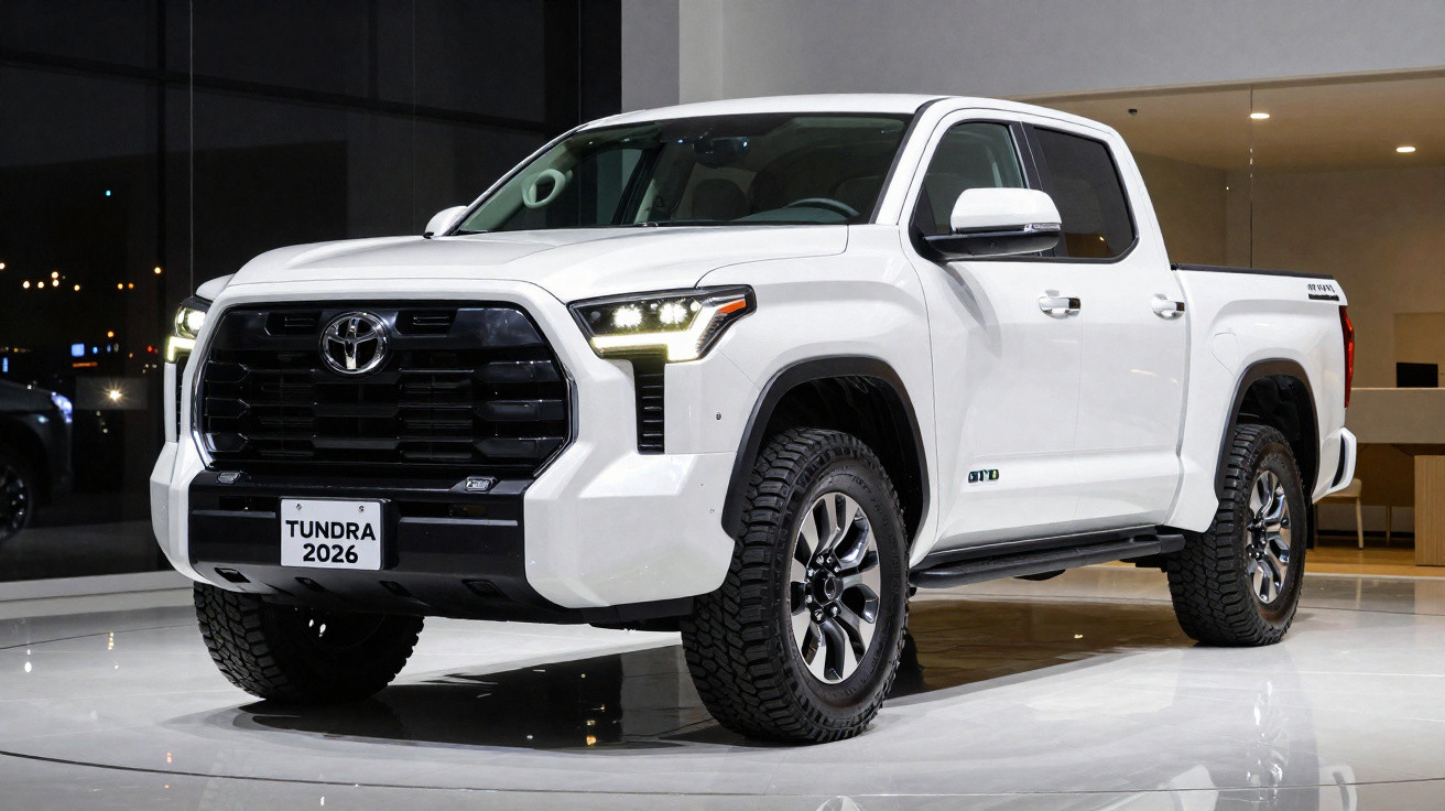 Picape Toyota Tundra 2026 branca exibida em ambiente interno com iluminação moderna.