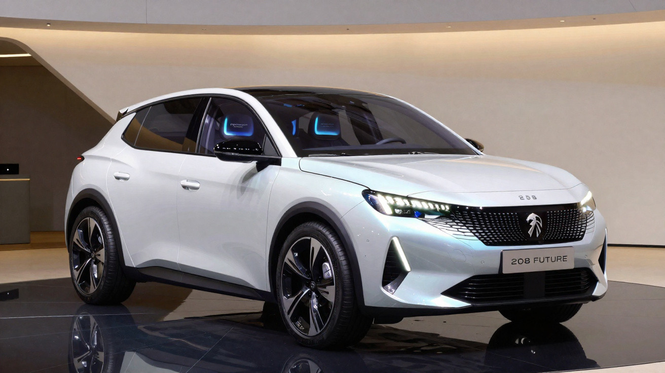 Carro elétrico Peugeot 208 Future branco em exposição com design moderno e futurista.