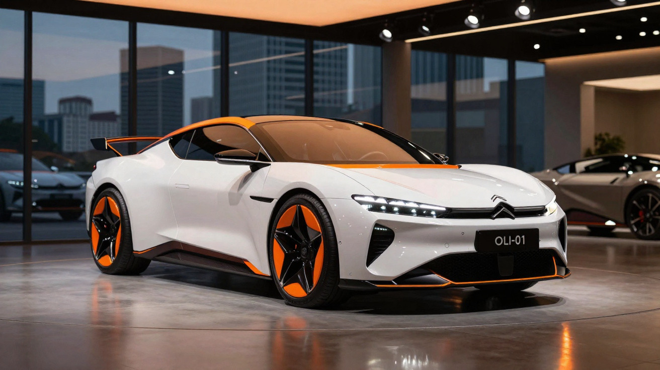 Carro esportivo branco com detalhes laranja em exposição dentro de showroom moderno e iluminado.