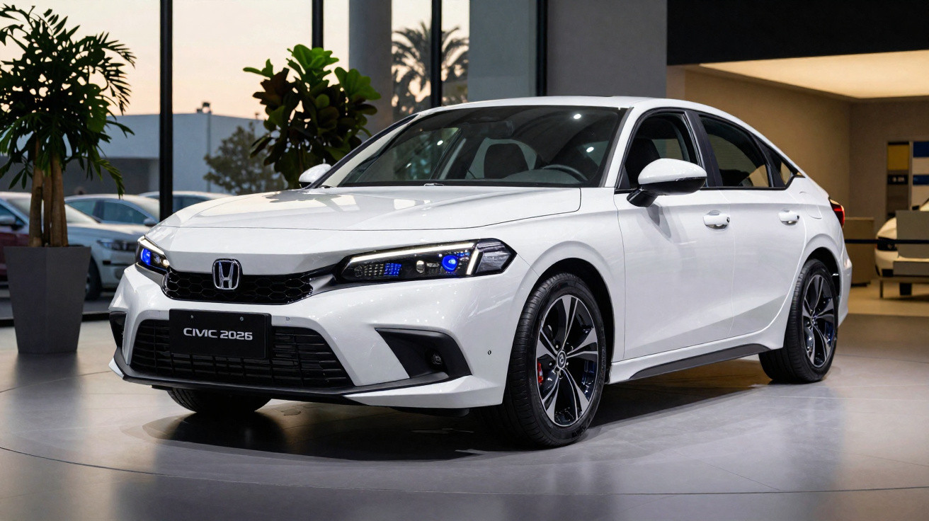 Carro Honda Civic 2025 branco estacionado em showroom moderno com iluminação interna e plantas decorativas.