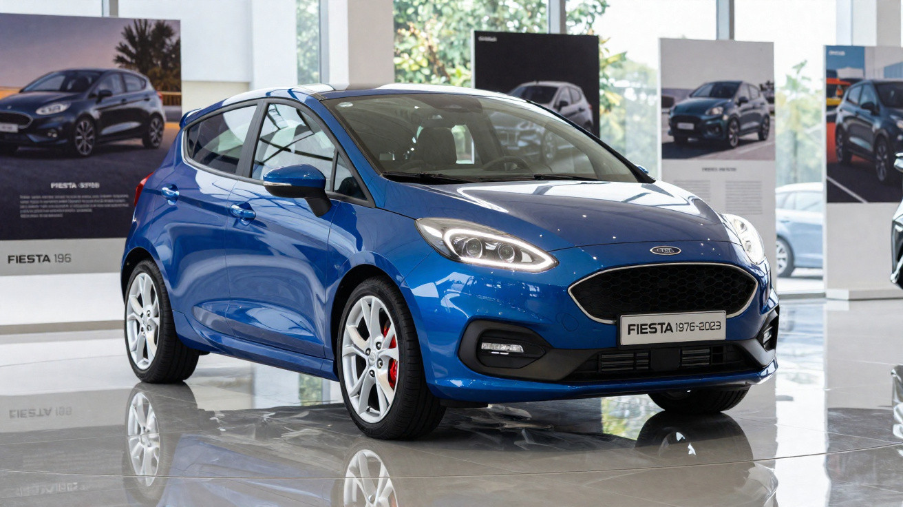 Carro Ford Fiesta azul exposto em showroom com cartazes de modelos anteriores ao fundo.