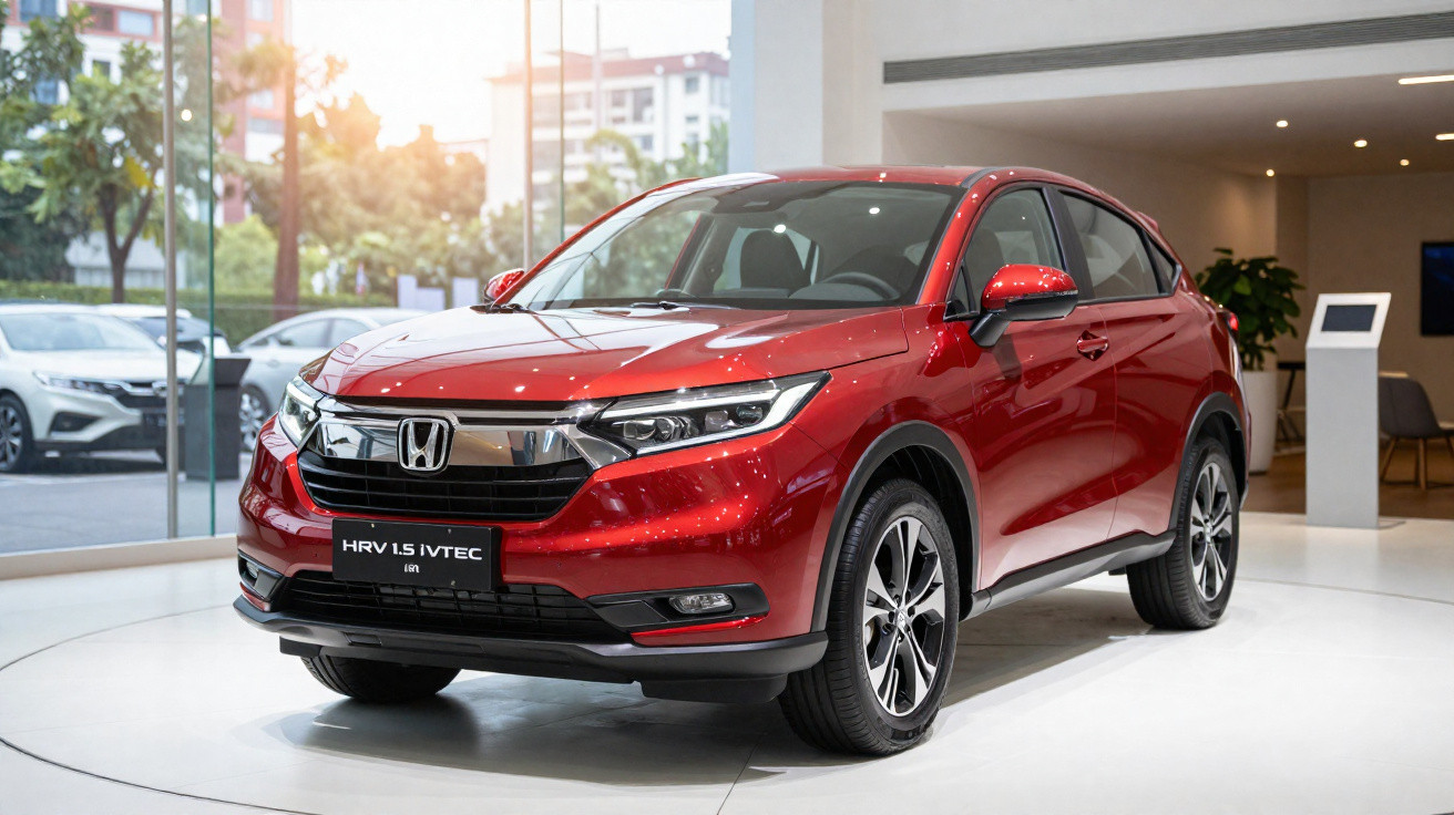 Carro Honda HR-V vermelho em exposição em showroom moderno com iluminação natural e piso branco.