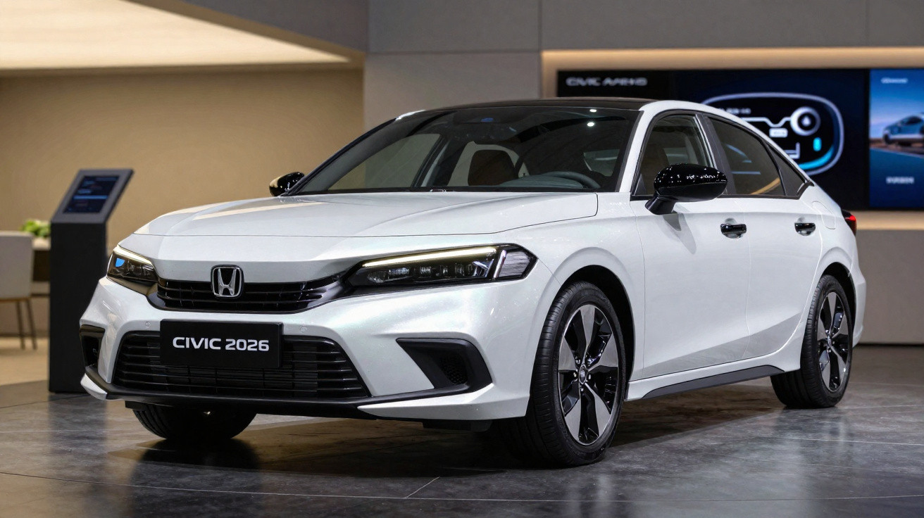 Honda Civic 2026 branco em exposição, vista frontal angular, com design moderno e faróis LED.