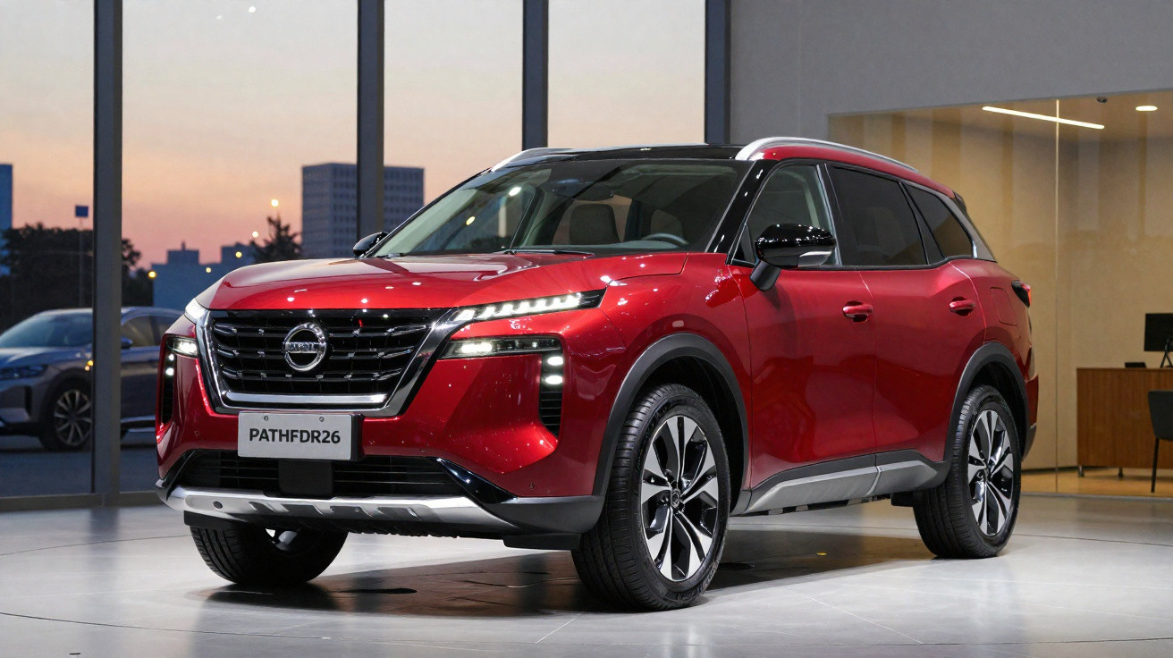 SUV vermelho da Nissan modelo Pathfinder 2024 exibido em salão moderno ao entardecer.