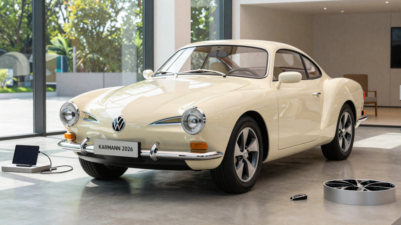 Carro clássico Volkswagen Karmann 2026 bege em exibição interna com rodas e controle remoto próximos.