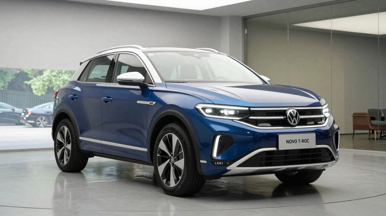 Carro SUV Volkswagen T-Roc azul estacionado em ambiente interno moderno e iluminado.