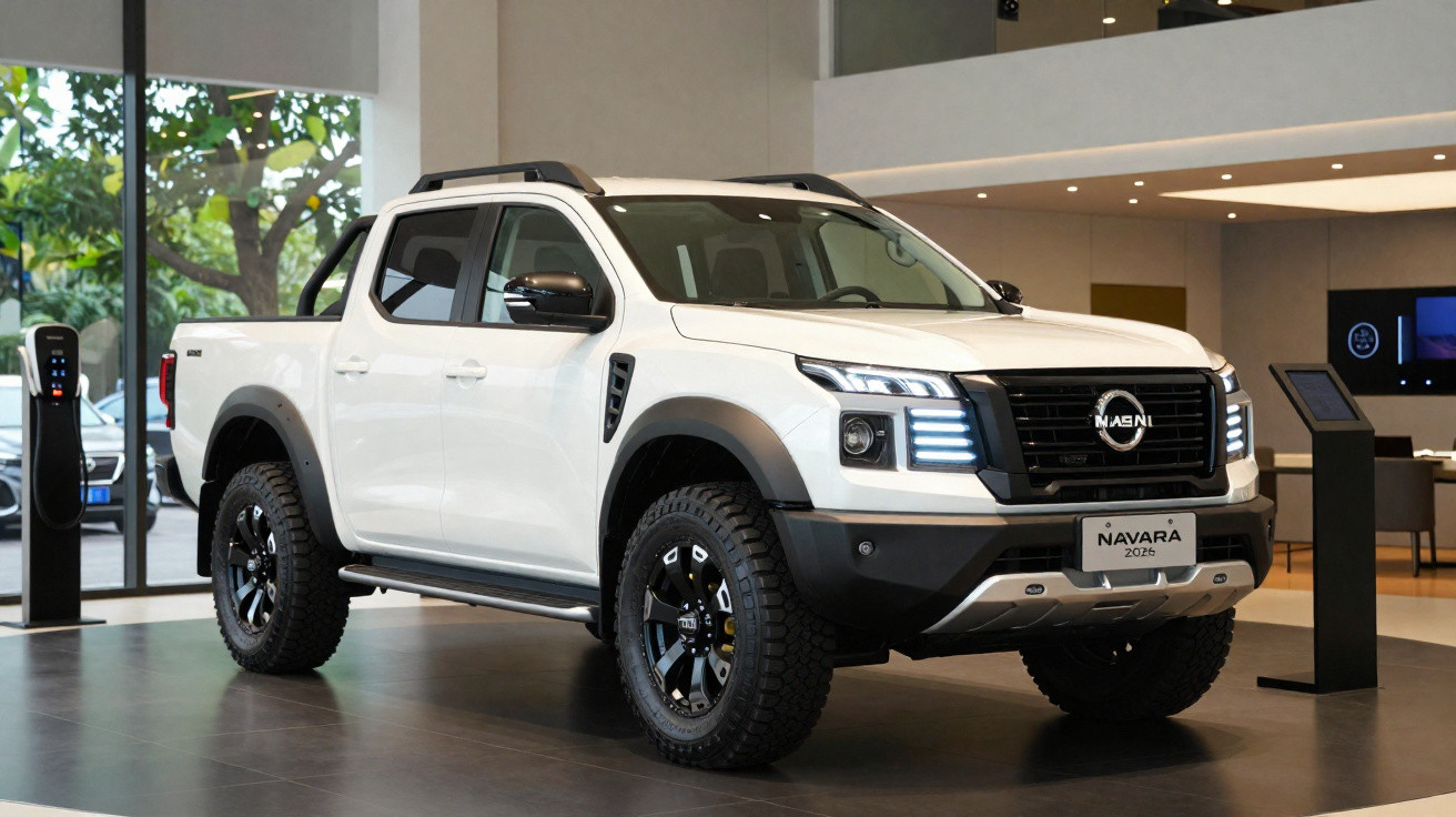 Picape branca Nissan Navara 2023 em showroom com detalhes em preto e rodas robustas.
