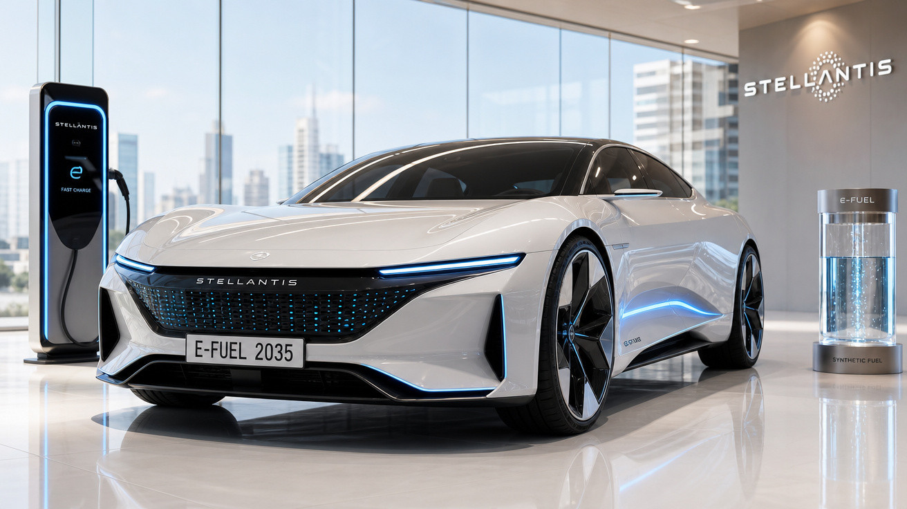 Carro elétrico branco futurista Stellantis E-Fuel 2035 em showroom com estação de recarga rápida.