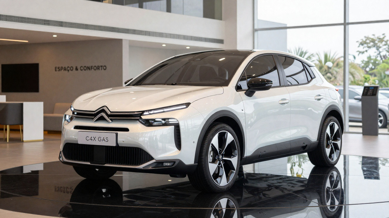 Carro Citroën C4X GAS branco exibido em showroom moderno com piso brilhante e ambiente iluminado.