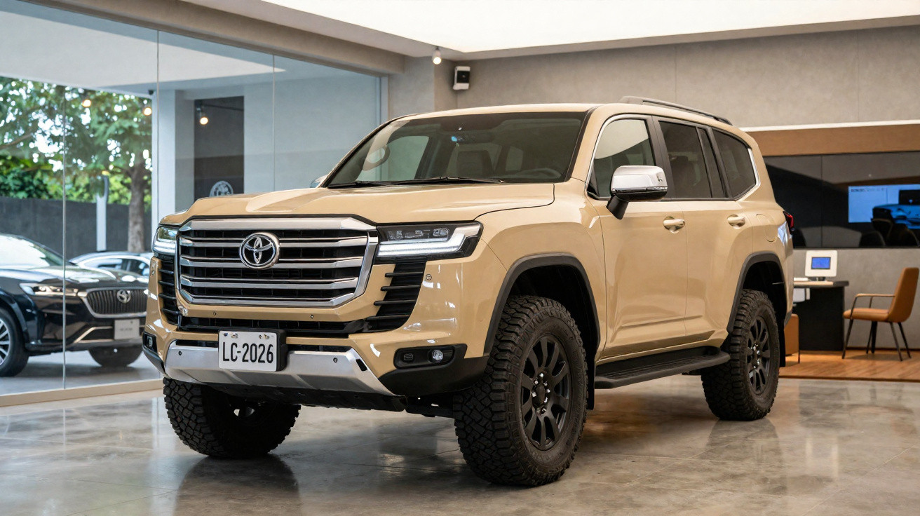 SUV Toyota Land Cruiser bege estacionado em showroom moderno com piso de cimento polido.