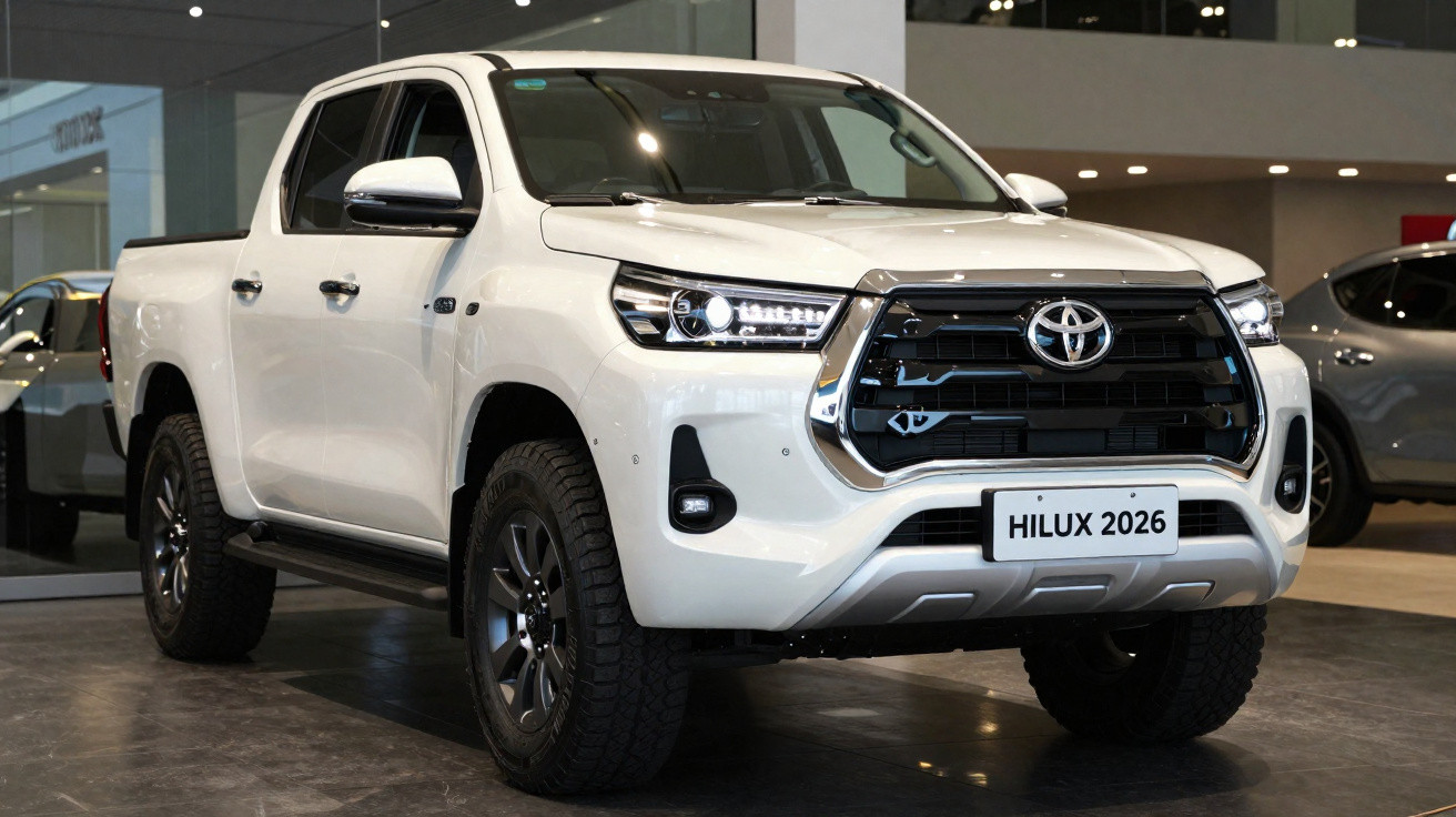 Picape Toyota Hilux 2026 branca exposta em showroom, vista frontal e lateral direita.