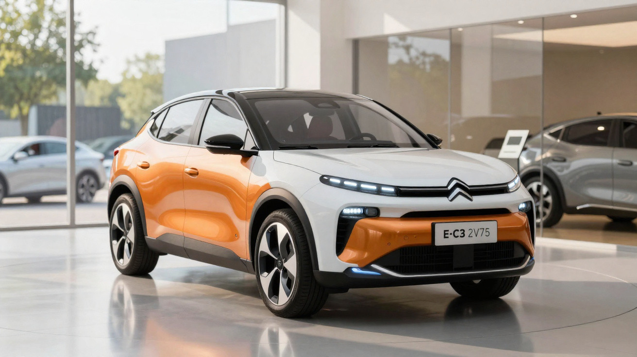 SUV elétrico Citroën E-C3 branco com detalhes laranja exibido em showroom moderno.