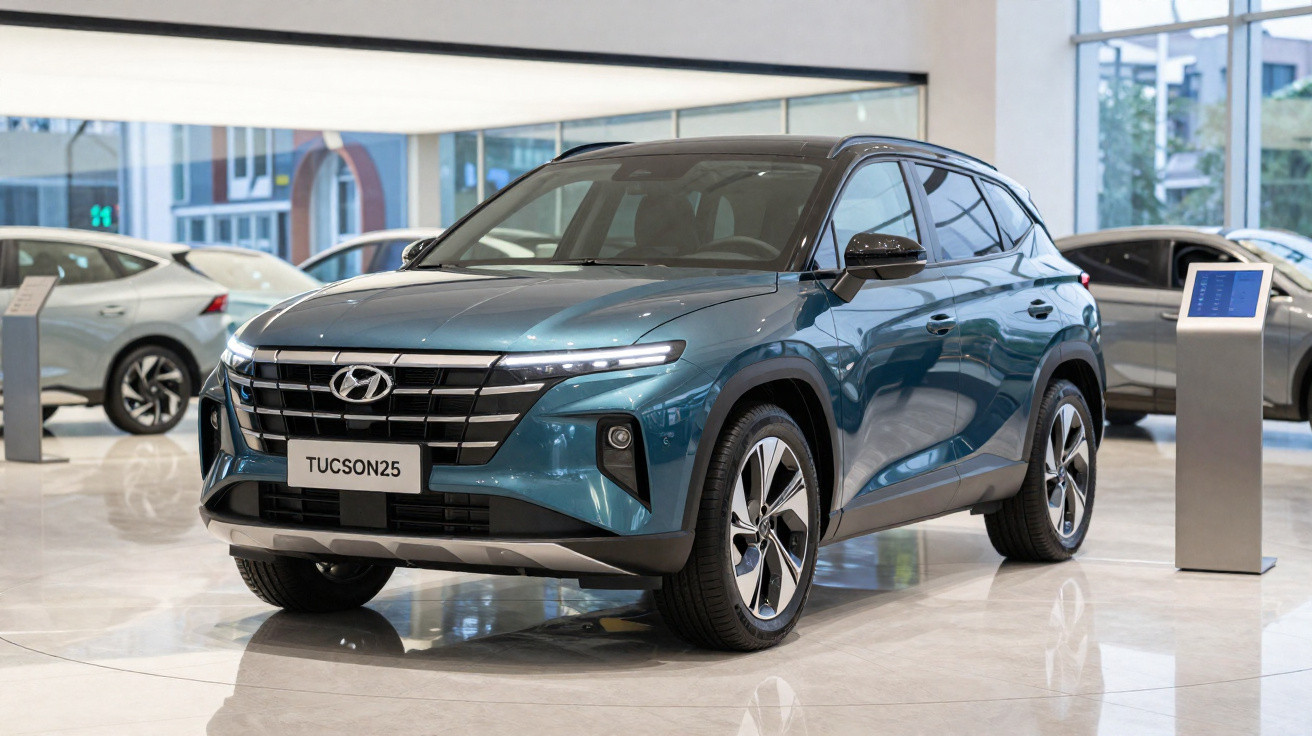 SUV Hyundai Tucson 2025 azul em exposição dentro de showroom moderno e bem iluminado.
