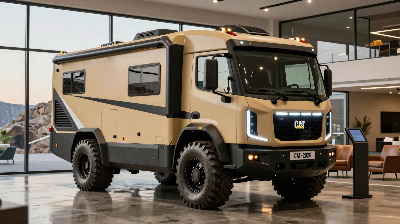 Motorhome off-road CAT bege estacionado em ambiente interno moderno com janelas de vidro grandes.