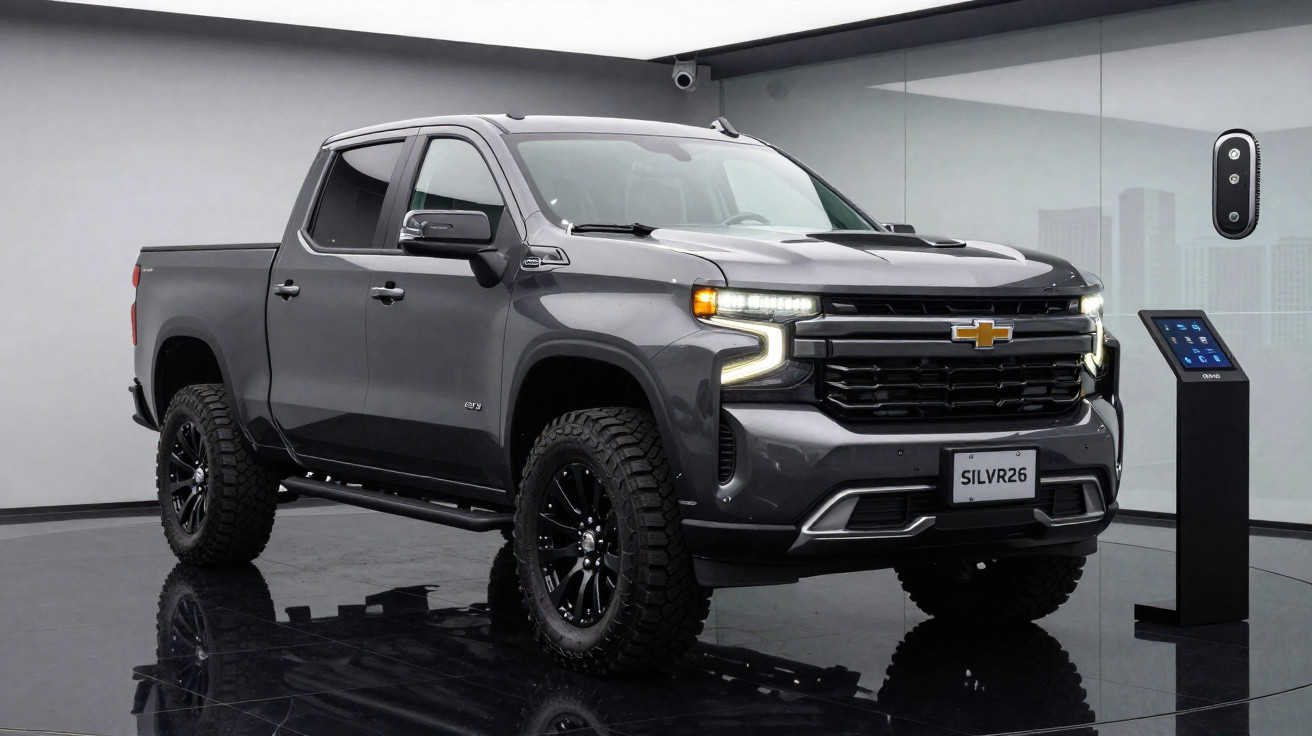 Picape Chevrolet Silverado cinza escura em showroom moderno com piso refletivo.