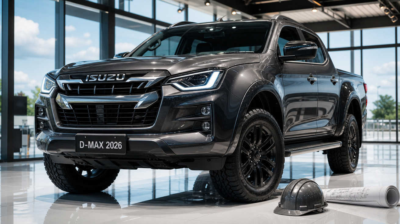 Picape Isuzu D-MAX 2026 cinza em showroom moderno com capacete e planta de construção ao lado.