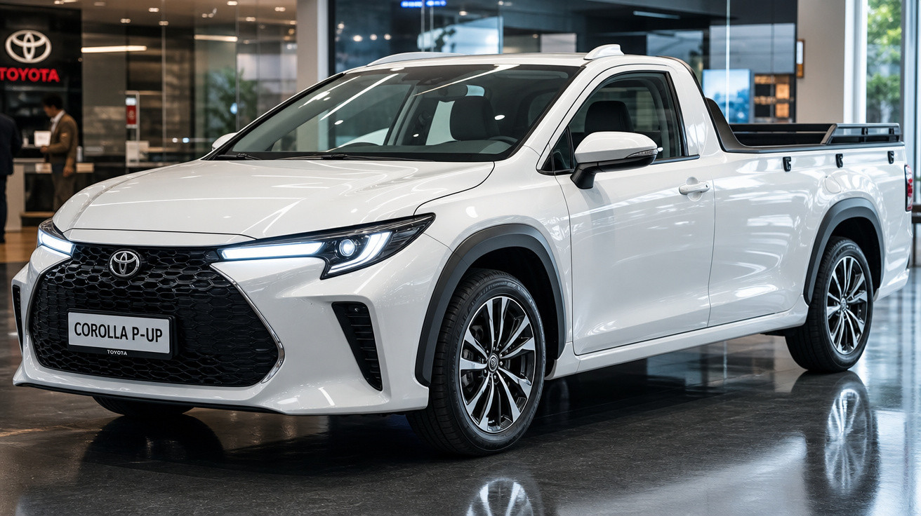 Picape Toyota Corolla P-Up branca em exposição em ambiente interno de concessionária.