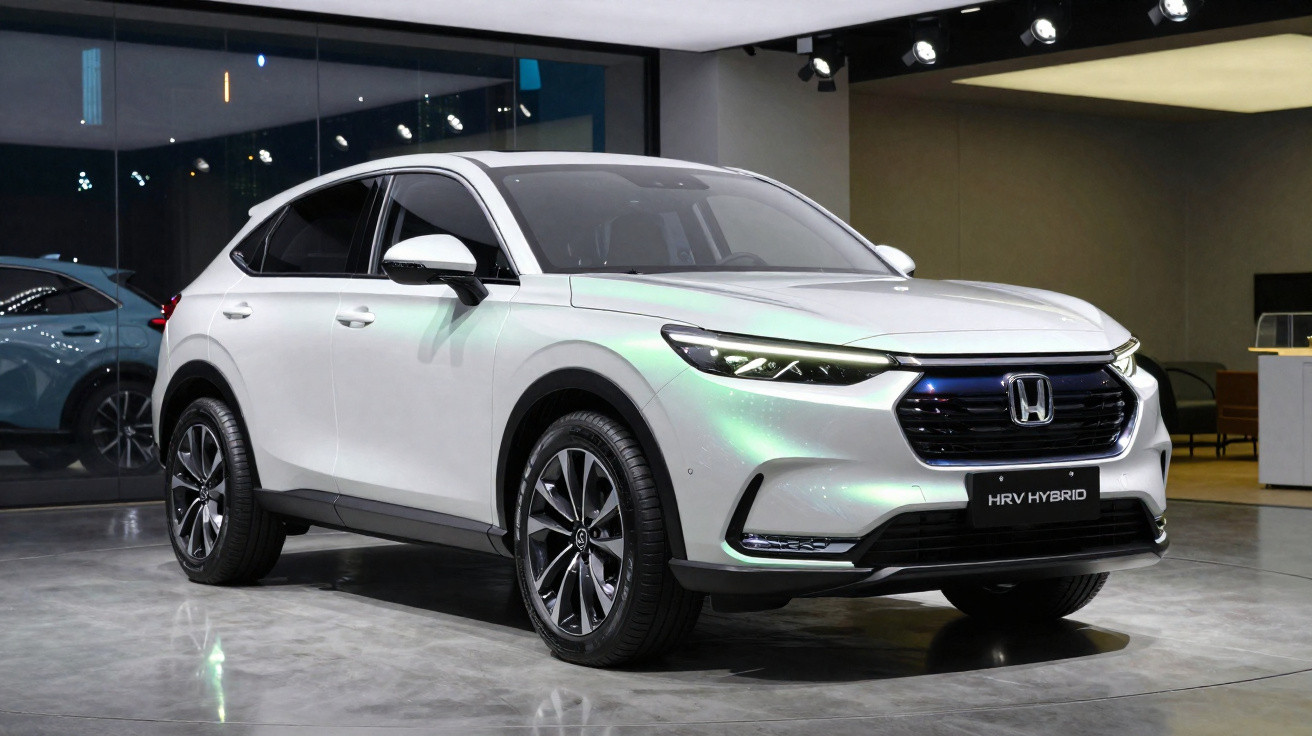 Carro Honda HR-V Hybrid branco estacionado em ambiente interno com iluminação moderna.