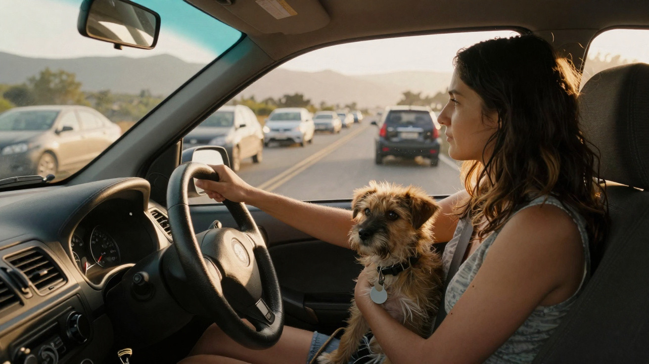 Mulher dirigindo com cachorro no colo em estrada com vários carros ao fundo, durante o dia.