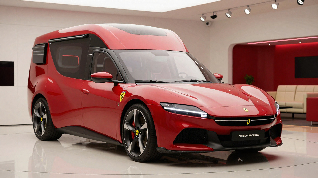 Veículo vermelho Ferrari RV 2023 com design futurista e linhas aerodinâmicas em ambiente interno moderno.