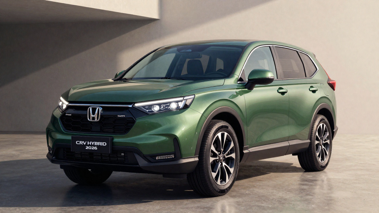 SUV Honda CRV Hybrid 2026 verde, vista frontal em ambiente interno com piso cinza.