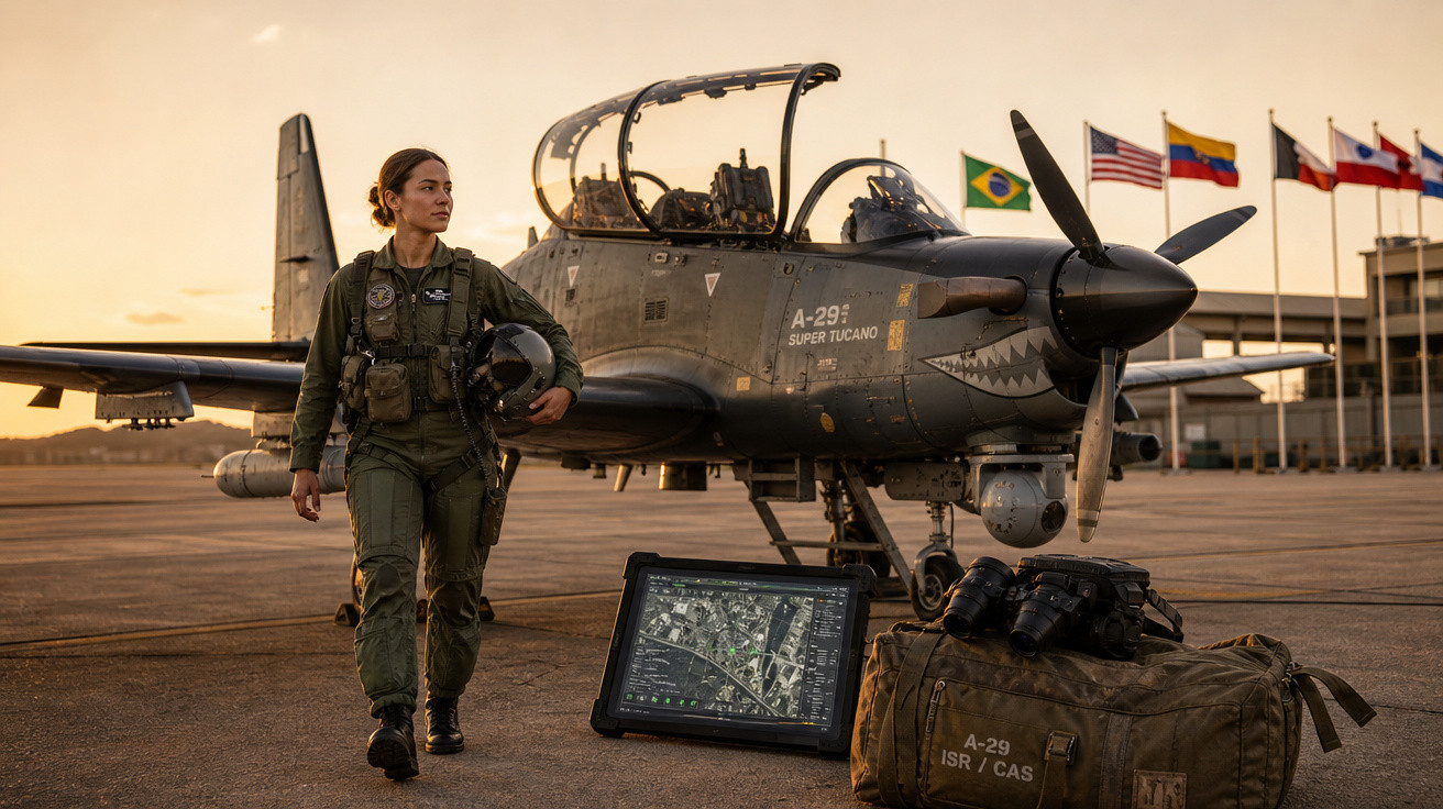 Piloto mulher em uniforme militar segurando capacete ao lado de avião A-29 Super Tucano no pôr do sol.