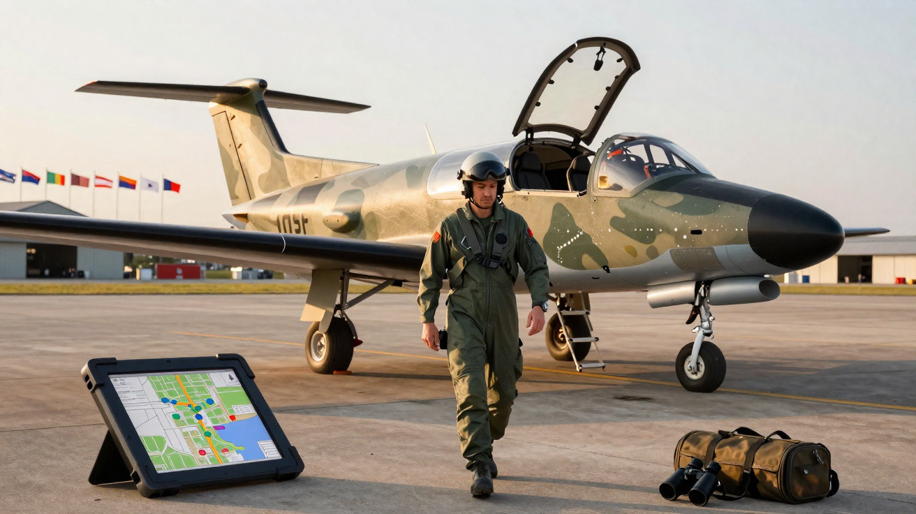 Piloto militar camuflado caminha na pista ao lado de avião tático e tablet com mapa digital ao ar livre.