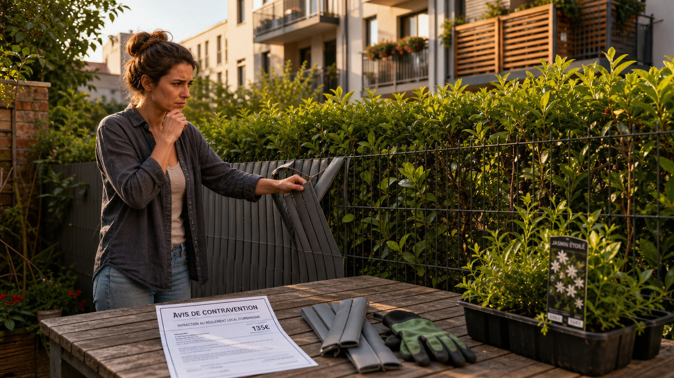 Mulher observando cerca danificada em jardim, com notificação de multa e ferramentas sobre a mesa.