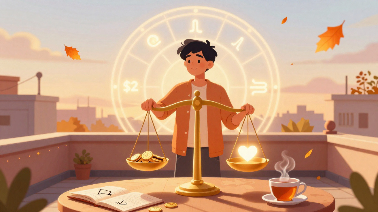 Pessoa em varanda ao pôr do sol segurando balança dourada com moedas e coração, signos zodiacais ao fundo.