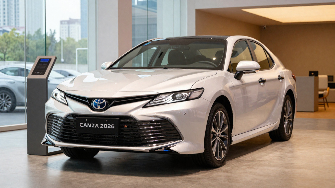 Carro sedã branco Toyota Camry 2026 em exposição dentro de showroom moderno.