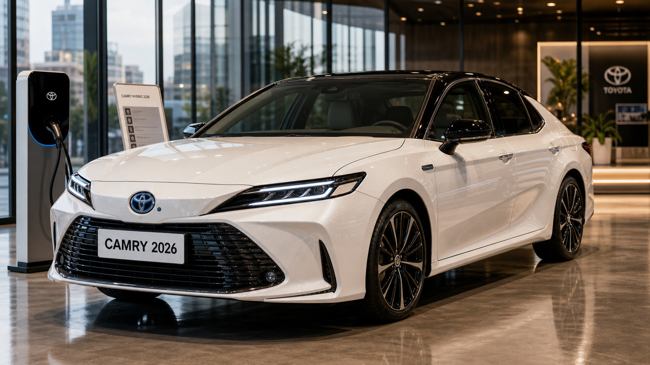 Carro branco Toyota Camry 2026 exposto em showroom moderno com carregador elétrico ao fundo.
