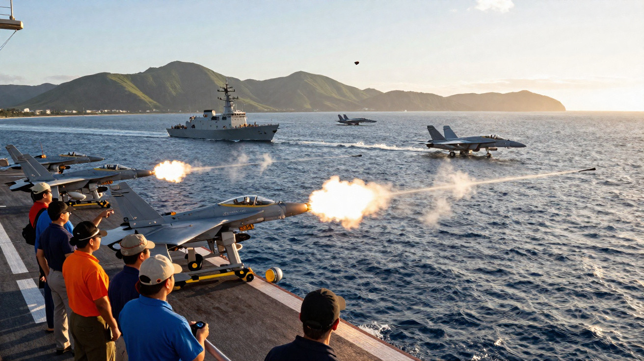 Pessoas em navio militar observam avião de combate disparando contra o mar com montanhas ao fundo.