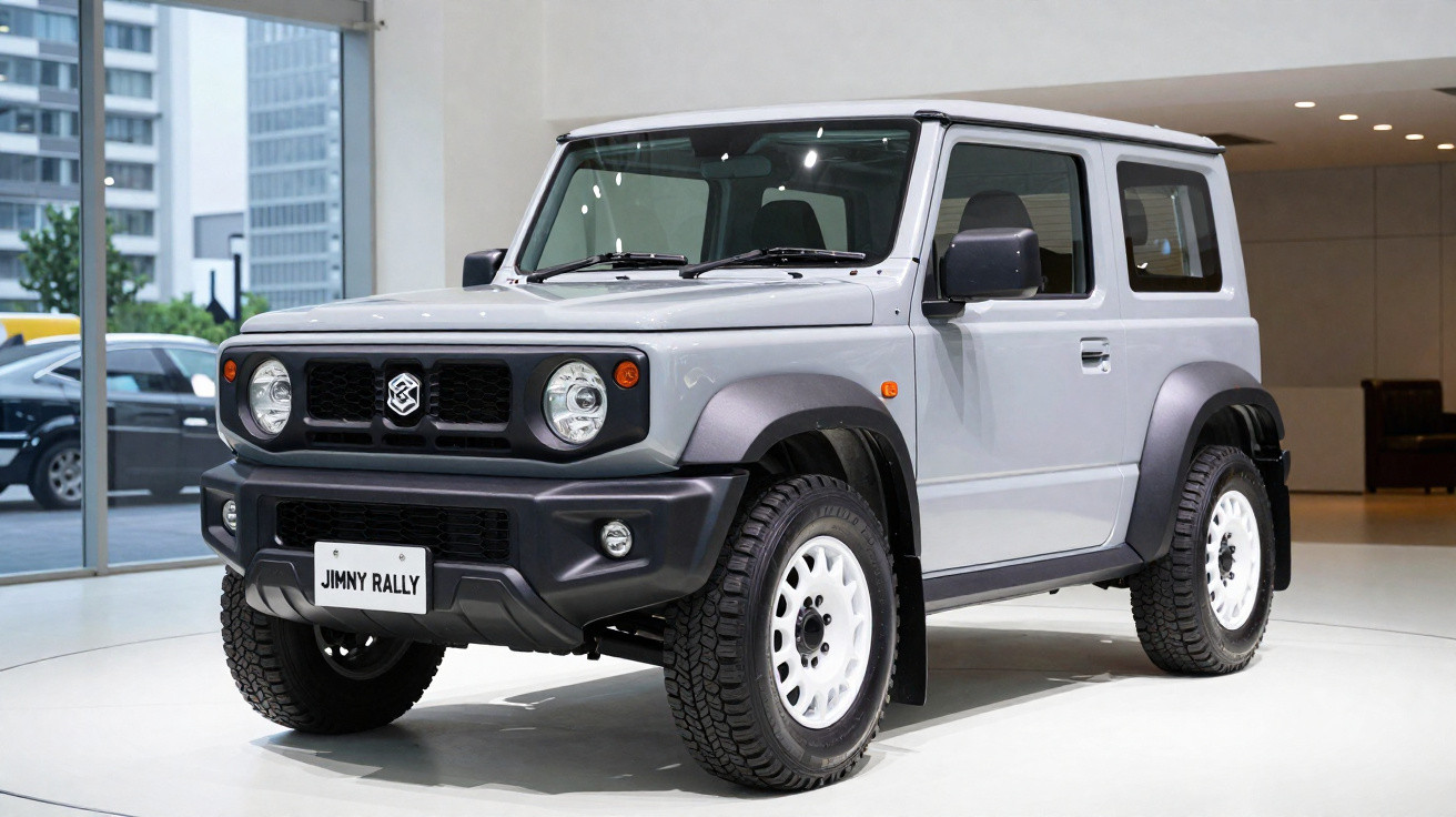 SUV compacto cinza modelo Jimny Rally em exposição interna com piso branco e paredes claras.