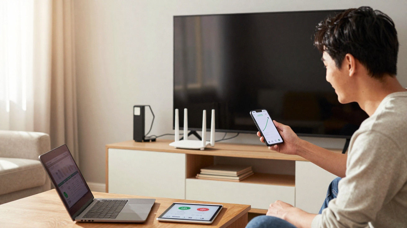 Homem sentado na sala com notebook, tablet e celular mostrando gráficos em um ambiente moderno.