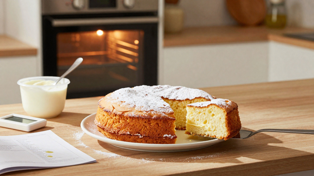Bolo amarelo com cobertura de açúcar de confeiteiro em prato branco sobre mesa de madeira na cozinha.