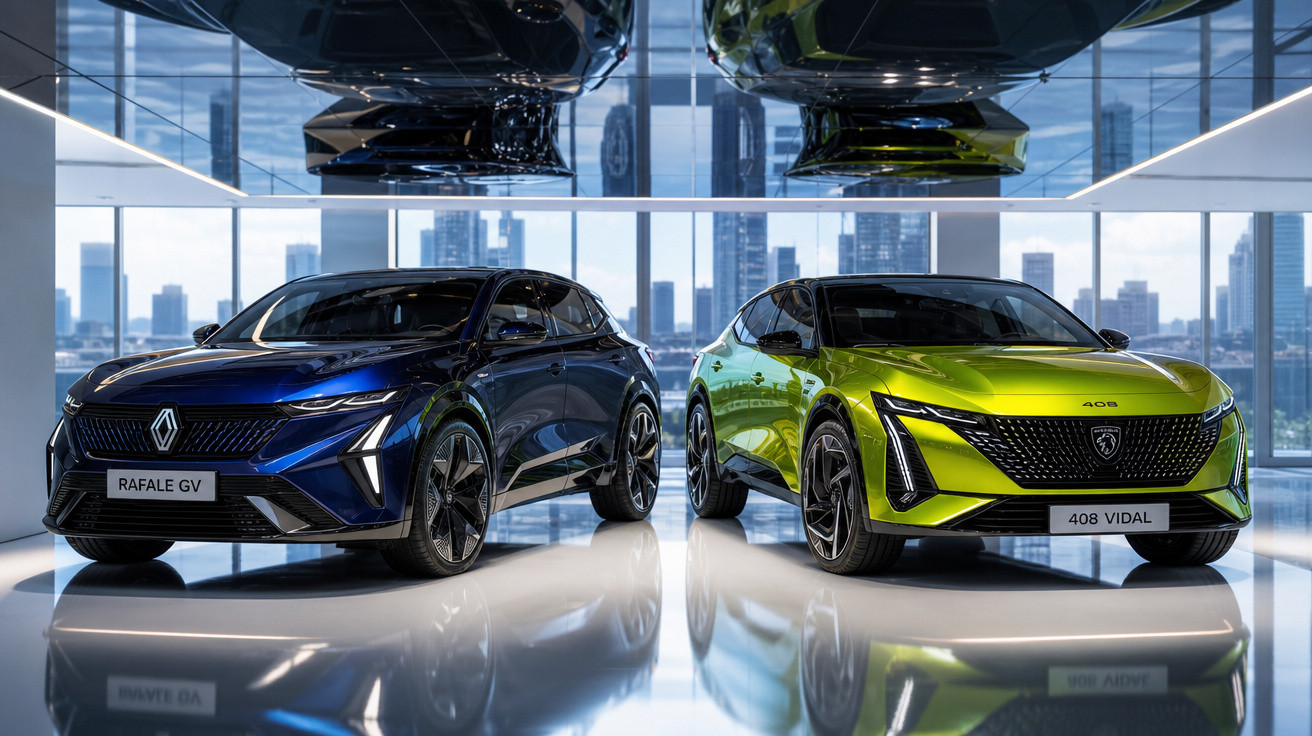 Dois carros elétricos modernos, um azul escuro e um verde, exibidos em showroom com vista urbana ao fundo.