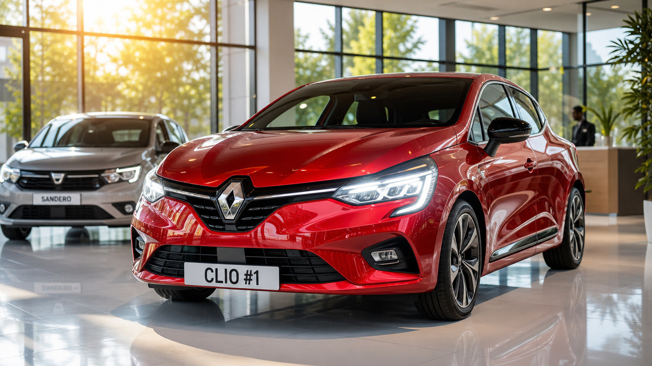 Carro vermelho Renault Clio 5 portas exposto em showroom, com veículo cinza ao fundo.