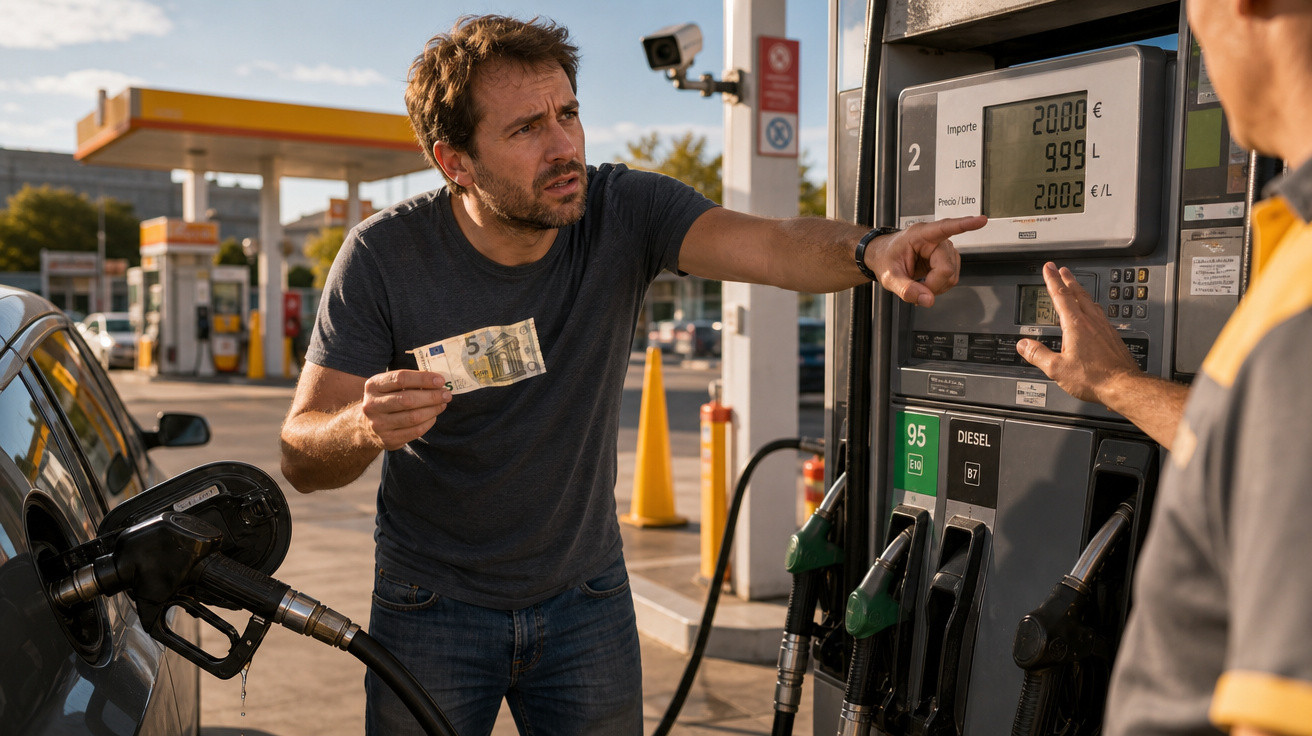 Homem com nota de cinco euros questiona funcionário de posto de gasolina sobre o valor na bomba.