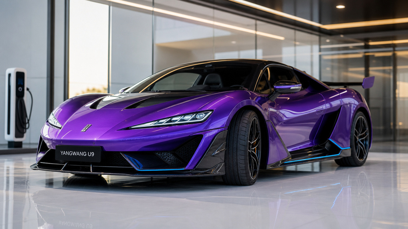 Carro esportivo roxo Yangwang U9 estacionado em ambiente moderno e iluminado com carregador elétrico ao fundo.