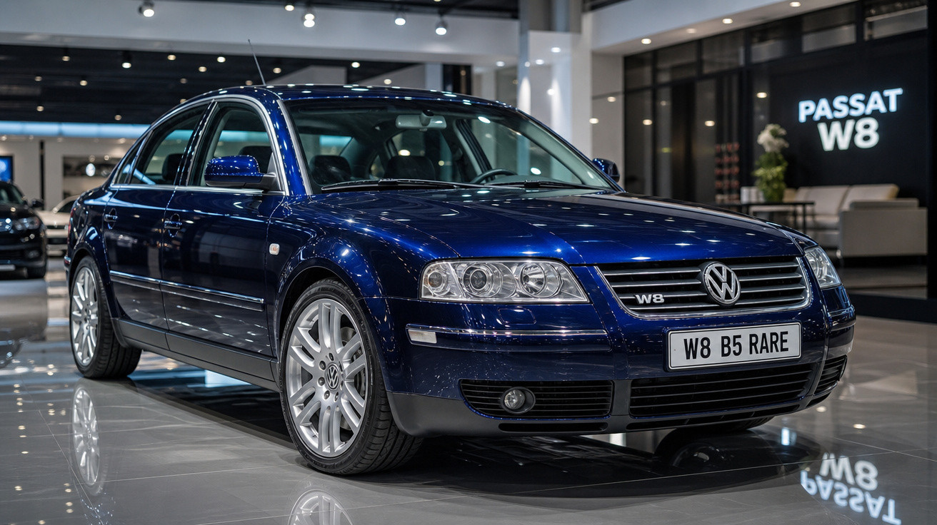 Carro Volkswagen Passat W8 azul escuro exibido em showroom moderno e iluminado.