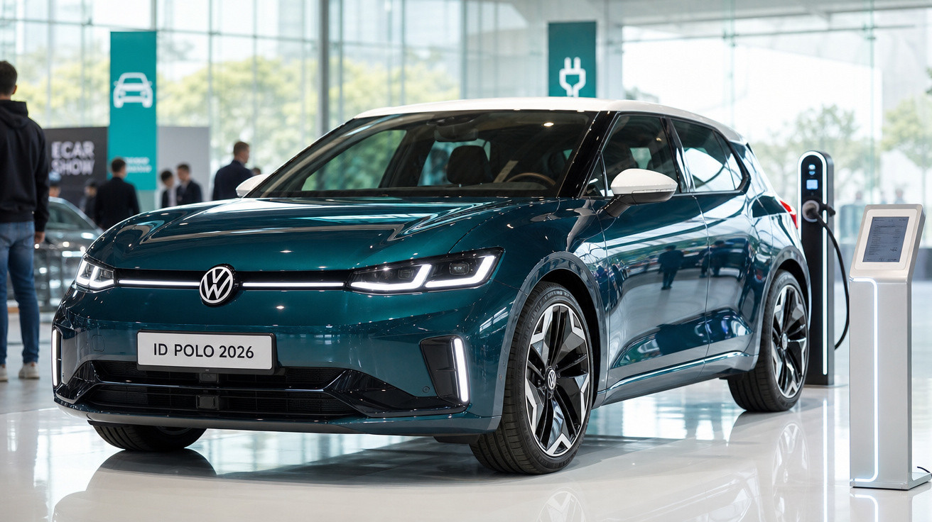 Carro elétrico Volkswagen ID Polo 2026 azul em exposição, conectado a estação de recarga em ambiente moderno.