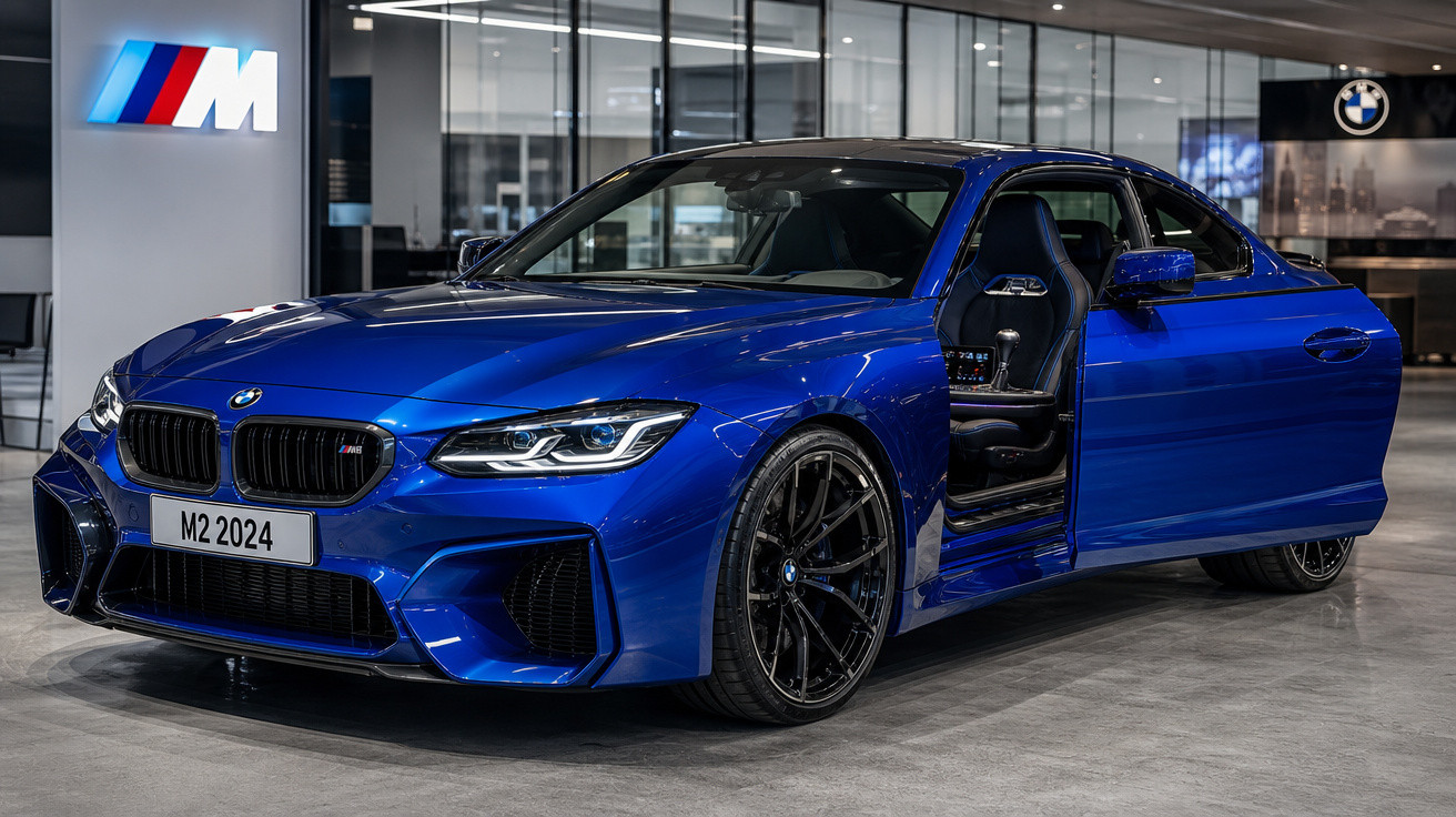 Carro esportivo BMW M2 azul 2024 com porta dianteira aberta em showroom moderno.