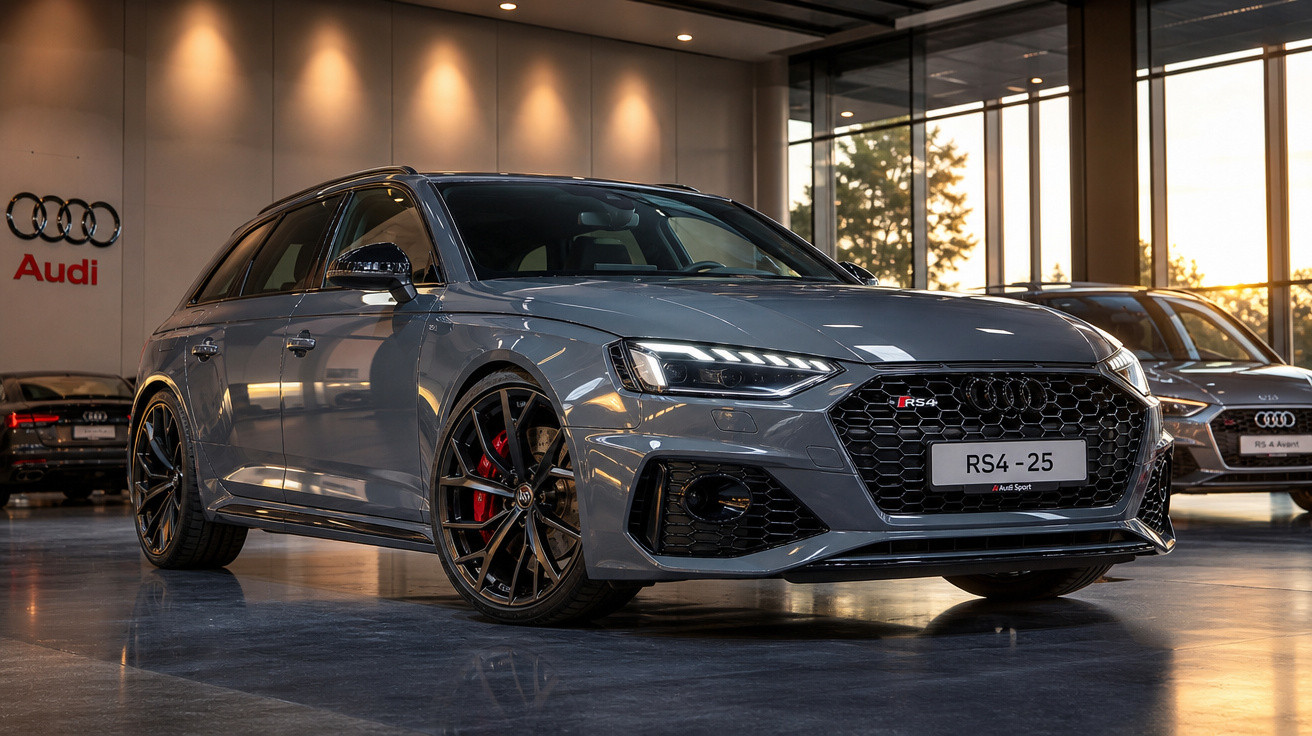 Audi RS4 cinza estacionado em showroom com luz natural entrando pelas janelas de vidro.