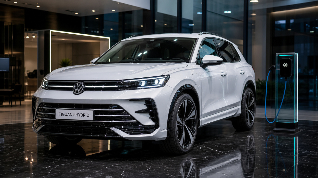 SUV branco Volkswagen Tiguan eHybrid estacionado em showroom próximo a carregador elétrico.