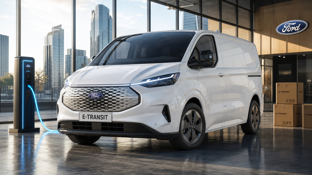 Van elétrica branca Ford E-Transit conectada a estação de recarga em showroom urbano.