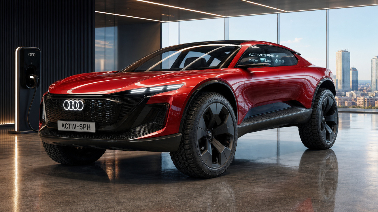 Carro elétrico Audi vermelho modelo conceito Activ Sphere carregando em estação interna com vista urbana.