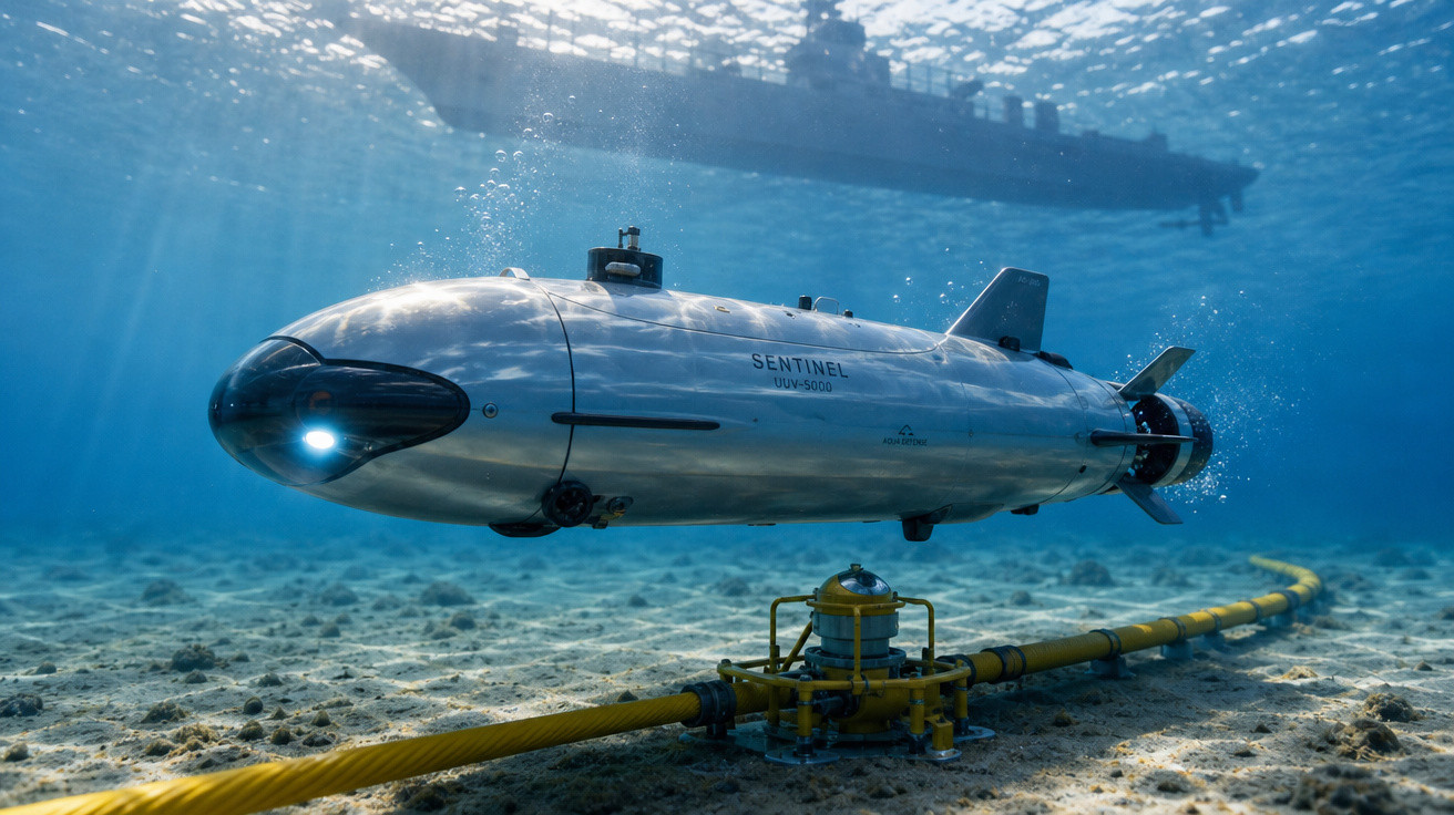 Submarino autônomo prateado Sentinel UUV-5000 explorando o fundo do mar com navio ao fundo.