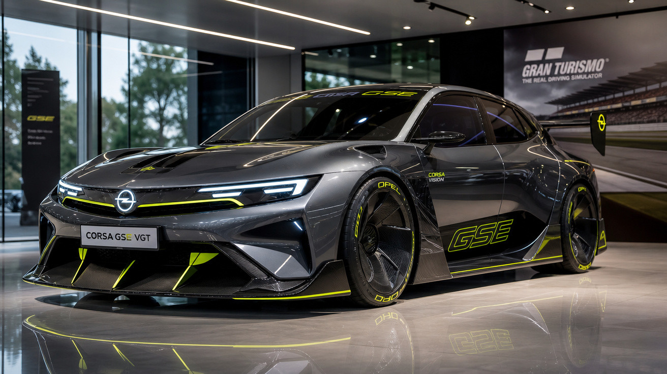 Carro esportivo elétrico Opel Corsa GSE em exposição, com design futurista e detalhes em amarelo neon.